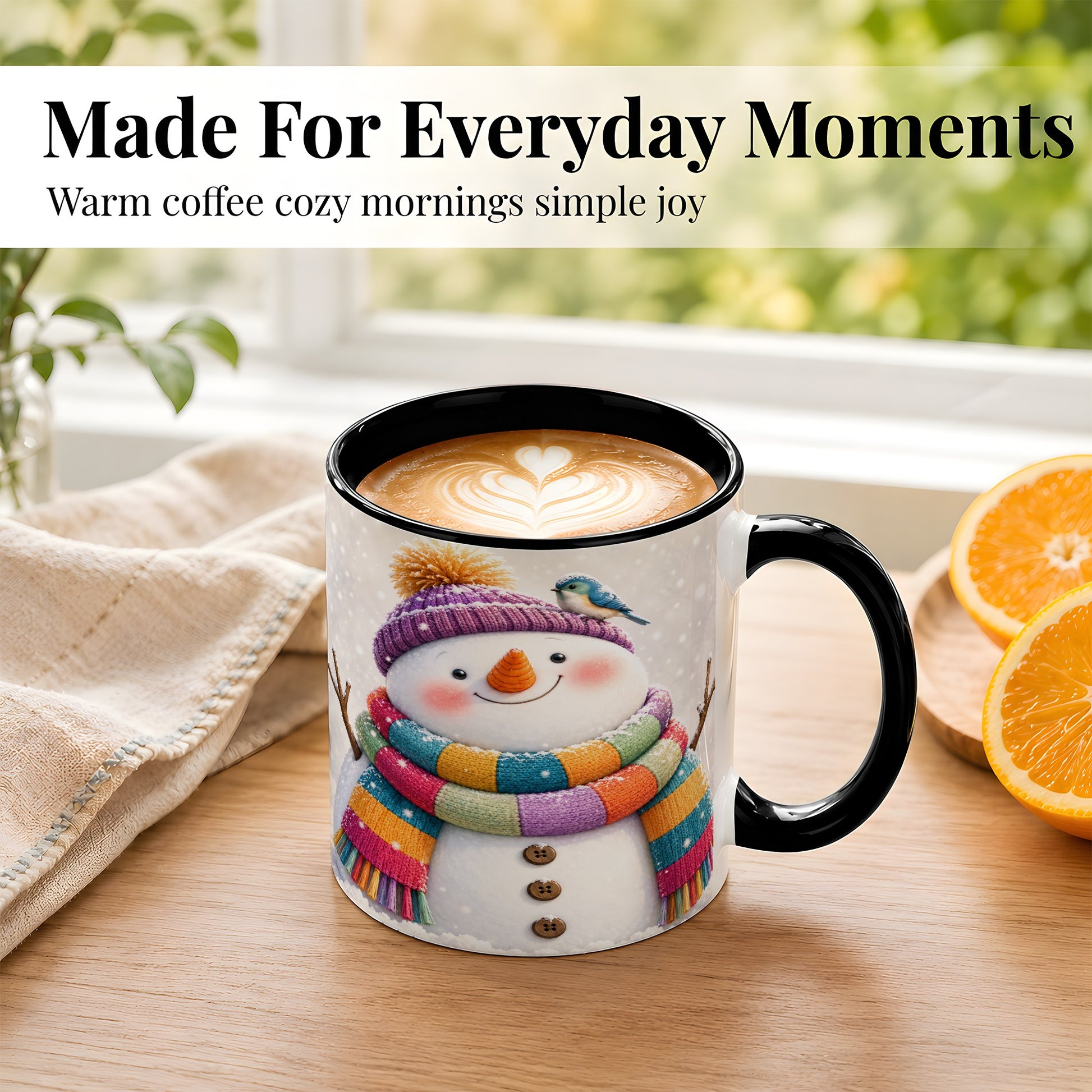 #pl[11oz|Black] Cozy Snowman Coffee Mug, Blue Bird Winter Mug, Ceramic Cup