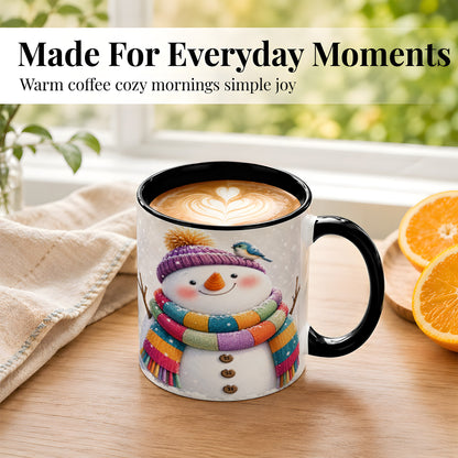 #pl[11oz|Black] Cozy Snowman Coffee Mug, Blue Bird Winter Mug, Ceramic Cup