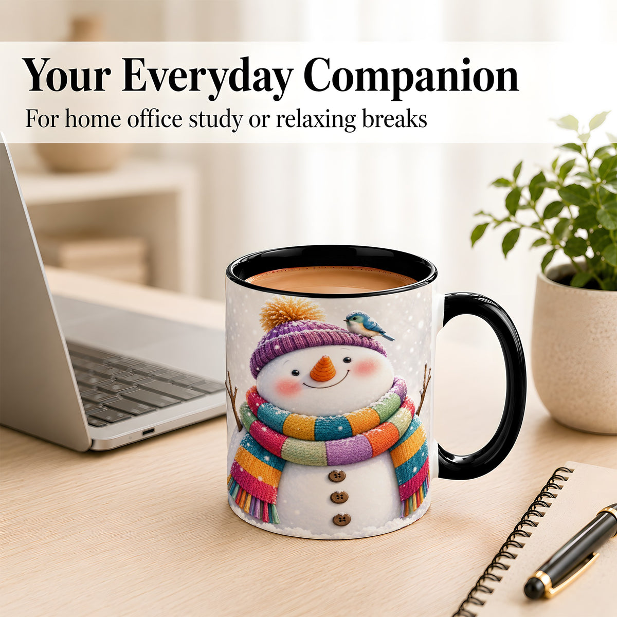 #pl[11oz|Black] Cozy Snowman Coffee Mug, Blue Bird Winter Mug, Ceramic Cup