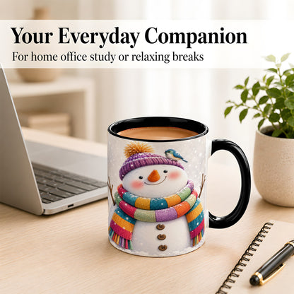 #pl[11oz|Black] Cozy Snowman Coffee Mug, Blue Bird Winter Mug, Ceramic Cup