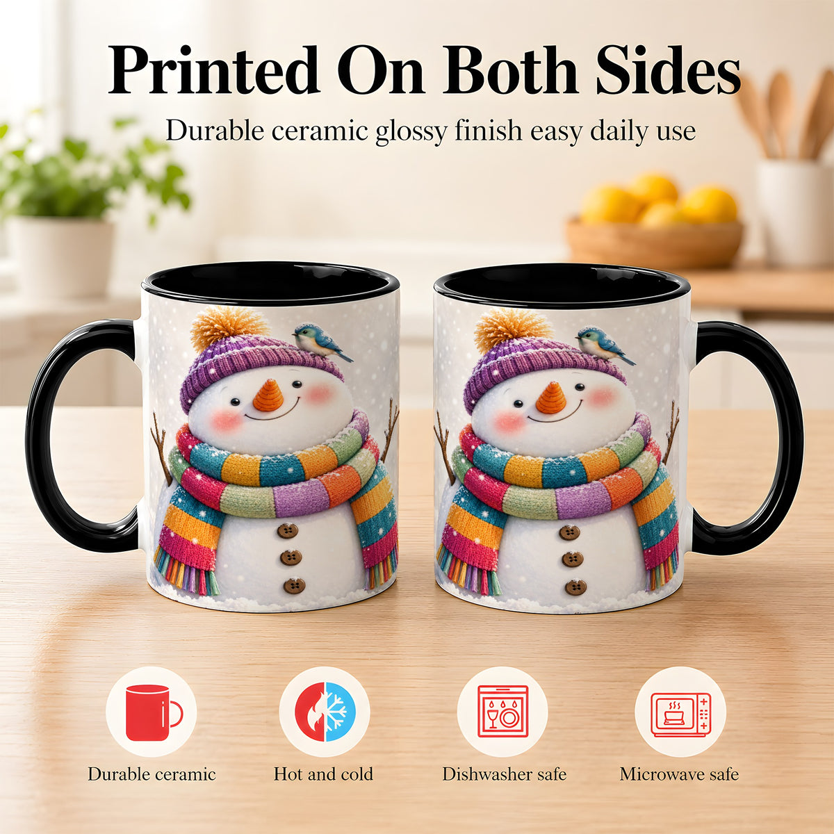#pl[11oz|Black] Cozy Snowman Coffee Mug, Blue Bird Winter Mug, Ceramic Cup