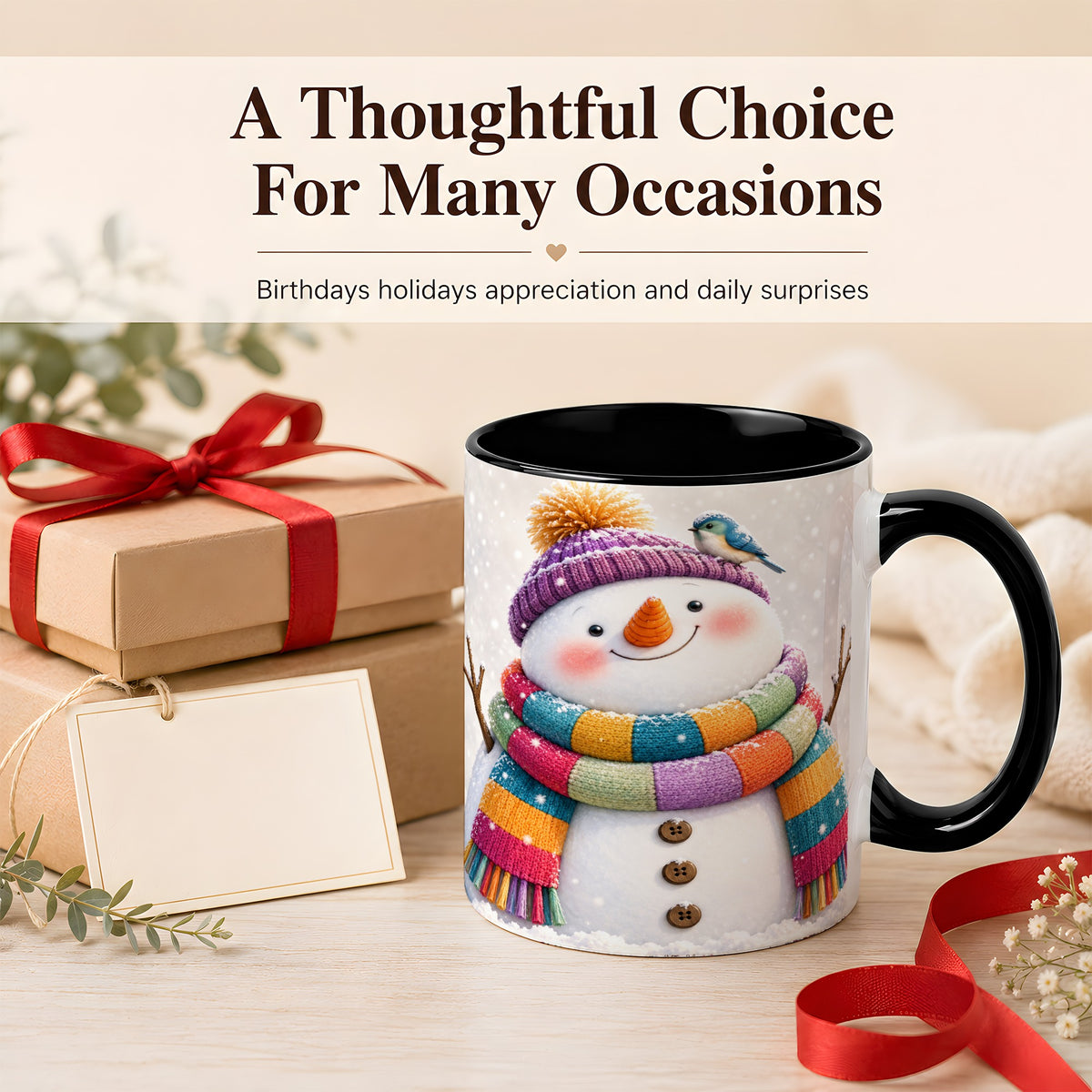 #pl[11oz|Black] Cozy Snowman Coffee Mug, Blue Bird Winter Mug, Ceramic Cup