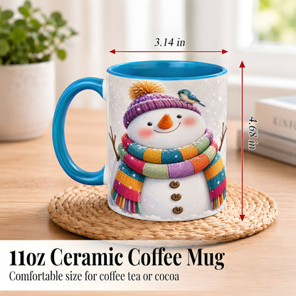 #pl[11oz|Blue] Cozy Snowman Coffee Mug, Blue Bird Winter Mug, Ceramic Cup