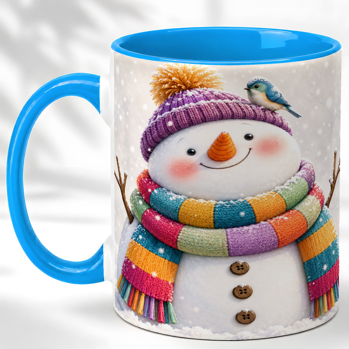 #pl[11oz|Blue] Cozy Snowman Coffee Mug, Blue Bird Winter Mug, Ceramic Cup