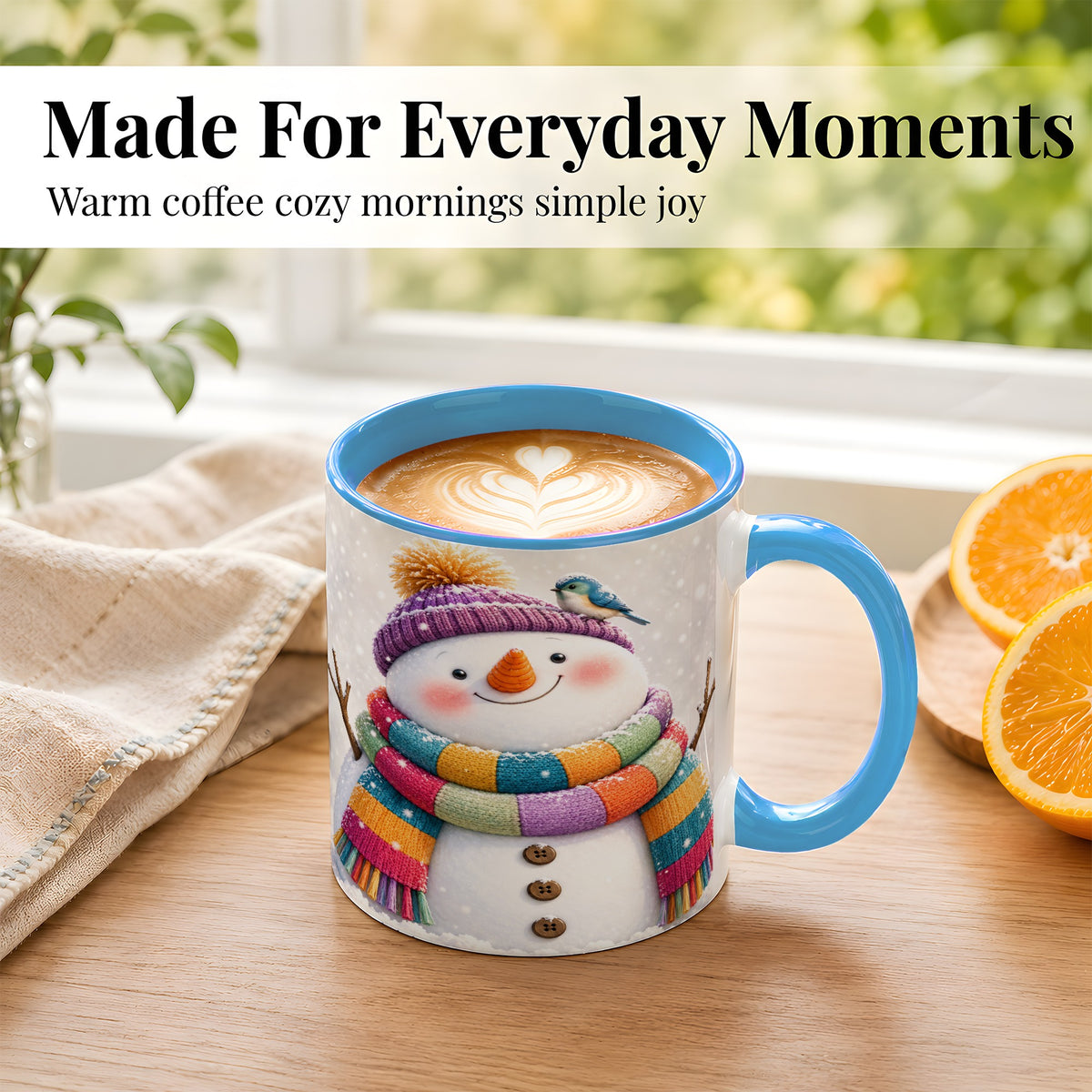 #pl[11oz|Blue] Cozy Snowman Coffee Mug, Blue Bird Winter Mug, Ceramic Cup