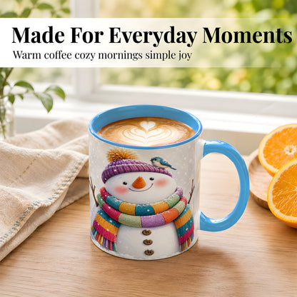 #pl[11oz|Blue] Cozy Snowman Coffee Mug, Blue Bird Winter Mug, Ceramic Cup