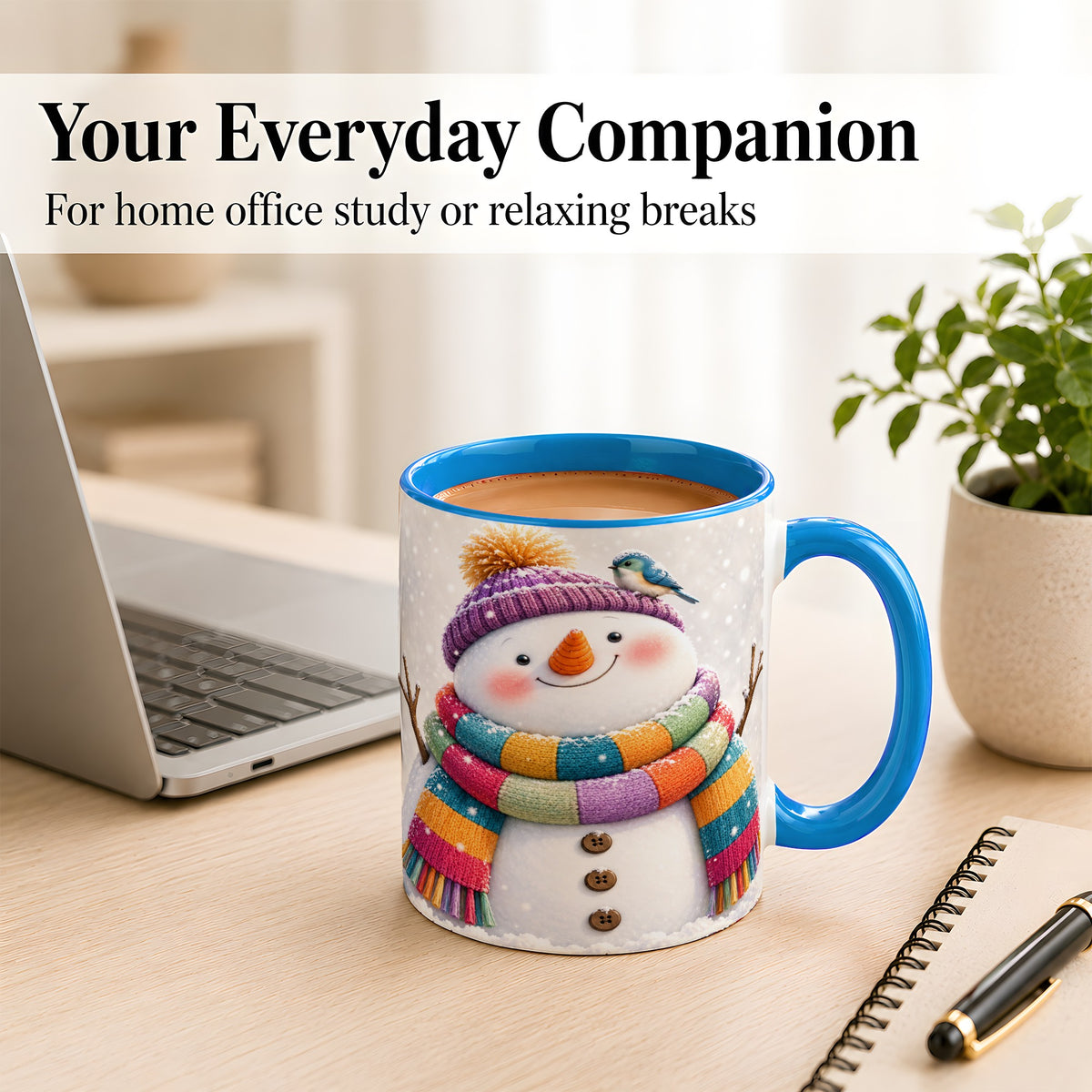 #pl[11oz|Blue] Cozy Snowman Coffee Mug, Blue Bird Winter Mug, Ceramic Cup
