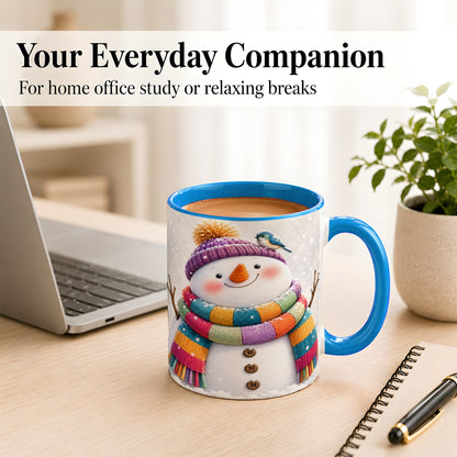 #pl[11oz|Blue] Cozy Snowman Coffee Mug, Blue Bird Winter Mug, Ceramic Cup