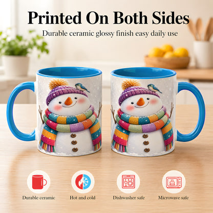 #pl[11oz|Blue] Cozy Snowman Coffee Mug, Blue Bird Winter Mug, Ceramic Cup