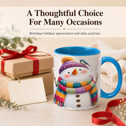 #pl[11oz|Blue] Cozy Snowman Coffee Mug, Blue Bird Winter Mug, Ceramic Cup