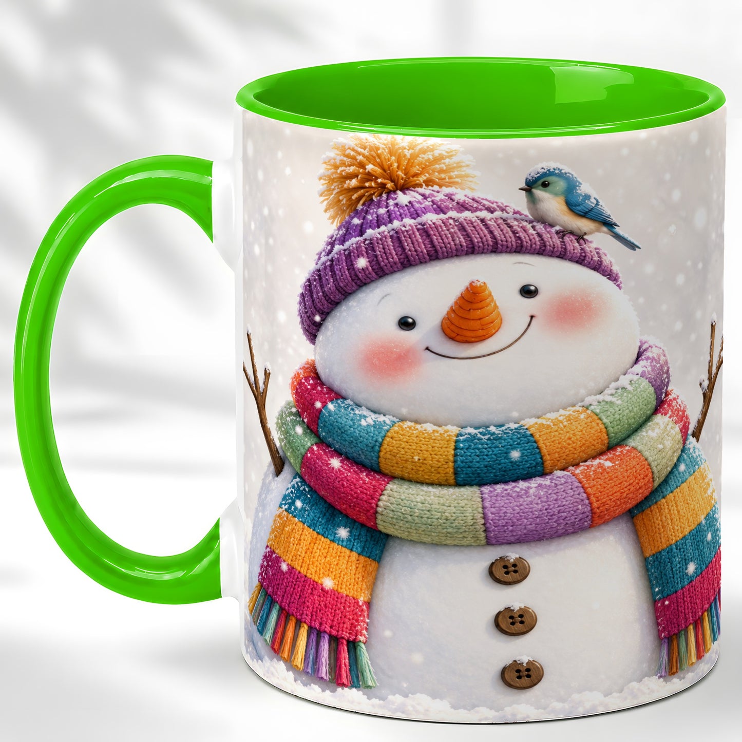 #pl[11oz|Green] Cozy Snowman Coffee Mug, Blue Bird Winter Mug, Ceramic Cup
