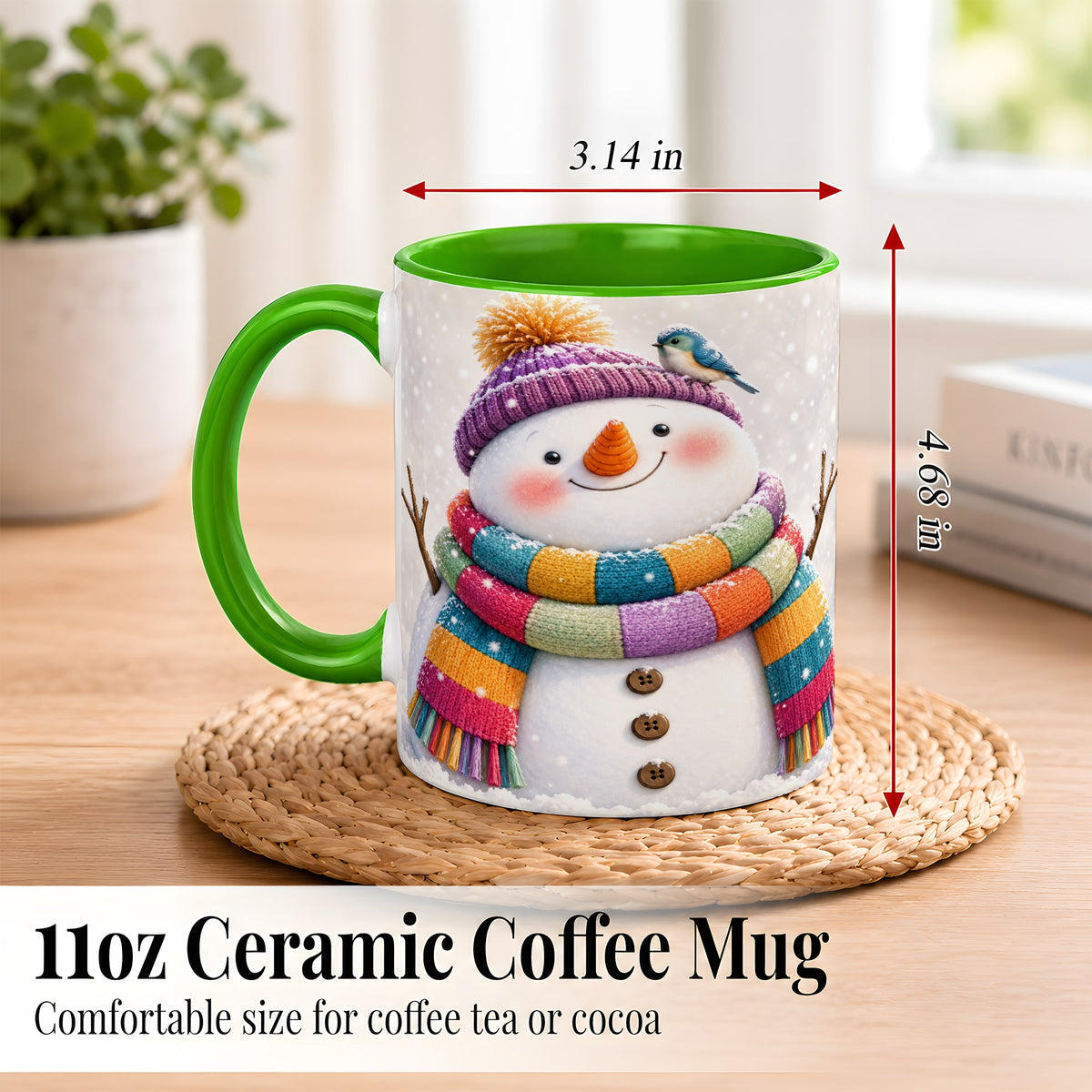 #pl[11oz|Green] Cozy Snowman Coffee Mug, Blue Bird Winter Mug, Ceramic Cup