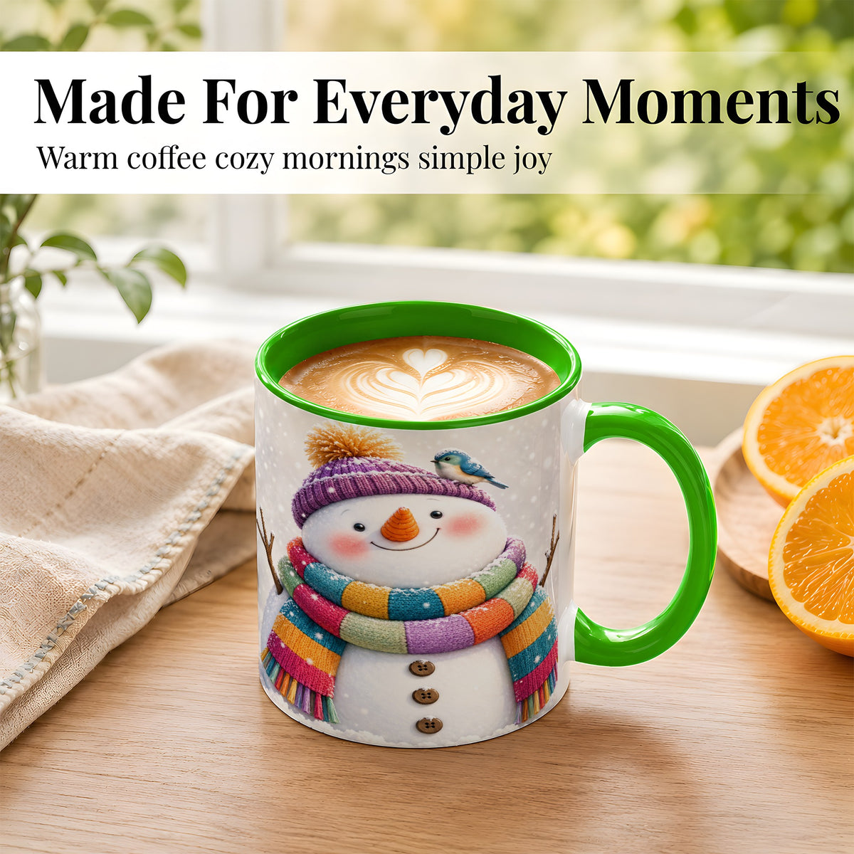 #pl[11oz|Green] Cozy Snowman Coffee Mug, Blue Bird Winter Mug, Ceramic Cup