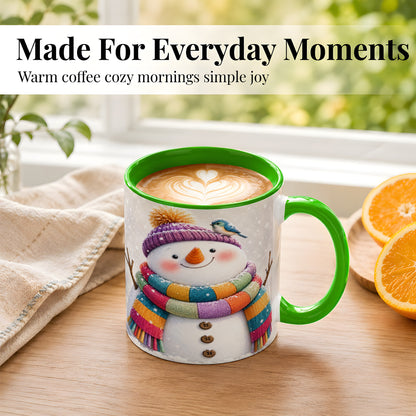#pl[11oz|Green] Cozy Snowman Coffee Mug, Blue Bird Winter Mug, Ceramic Cup