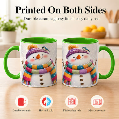 #pl[11oz|Green] Cozy Snowman Coffee Mug, Blue Bird Winter Mug, Ceramic Cup