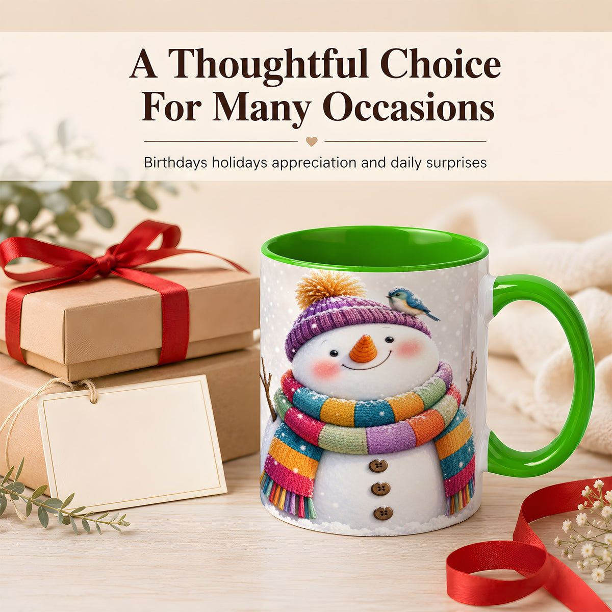 #pl[11oz|Green] Cozy Snowman Coffee Mug, Blue Bird Winter Mug, Ceramic Cup