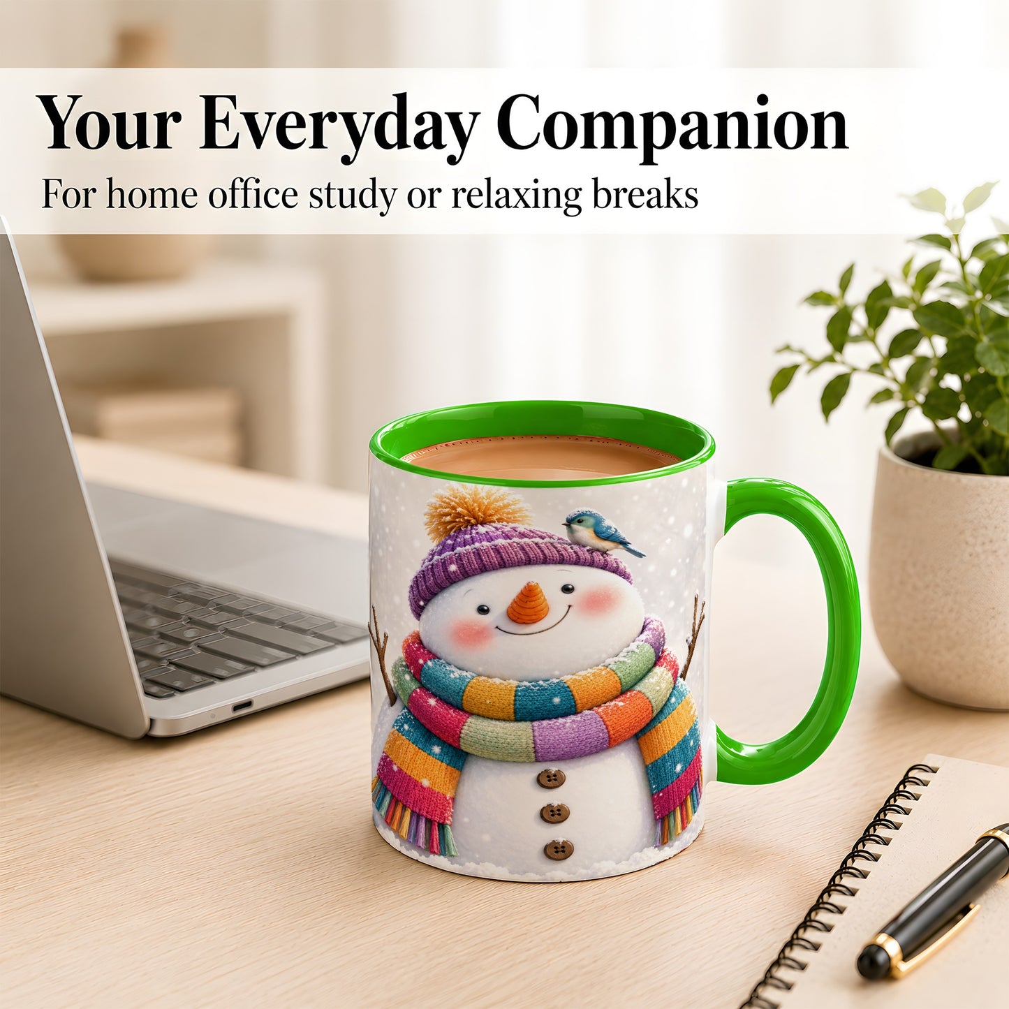 #pl[11oz|Green] Cozy Snowman Coffee Mug, Blue Bird Winter Mug, Ceramic Cup