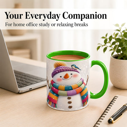 #pl[11oz|Green] Cozy Snowman Coffee Mug, Blue Bird Winter Mug, Ceramic Cup