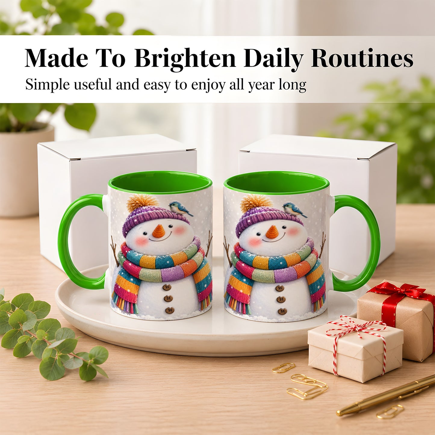 #pl[11oz|Green] Cozy Snowman Coffee Mug, Blue Bird Winter Mug, Ceramic Cup