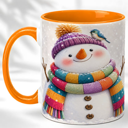 #pl[11oz|Orange] Cozy Snowman Coffee Mug, Blue Bird Winter Mug, Ceramic Cup