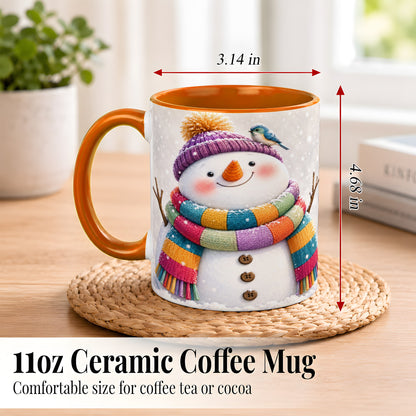 #pl[11oz|Orange] Cozy Snowman Coffee Mug, Blue Bird Winter Mug, Ceramic Cup