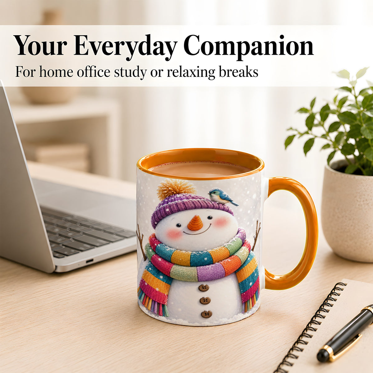 #pl[11oz|Orange] Cozy Snowman Coffee Mug, Blue Bird Winter Mug, Ceramic Cup