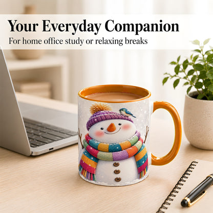 #pl[11oz|Orange] Cozy Snowman Coffee Mug, Blue Bird Winter Mug, Ceramic Cup