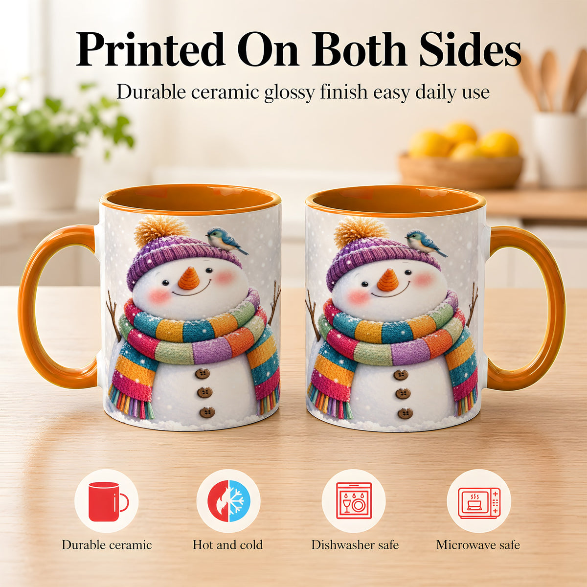 #pl[11oz|Orange] Cozy Snowman Coffee Mug, Blue Bird Winter Mug, Ceramic Cup