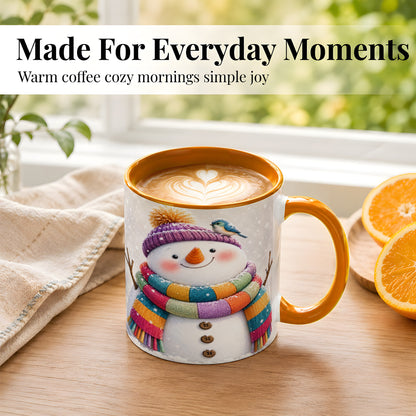 #pl[11oz|Orange] Cozy Snowman Coffee Mug, Blue Bird Winter Mug, Ceramic Cup