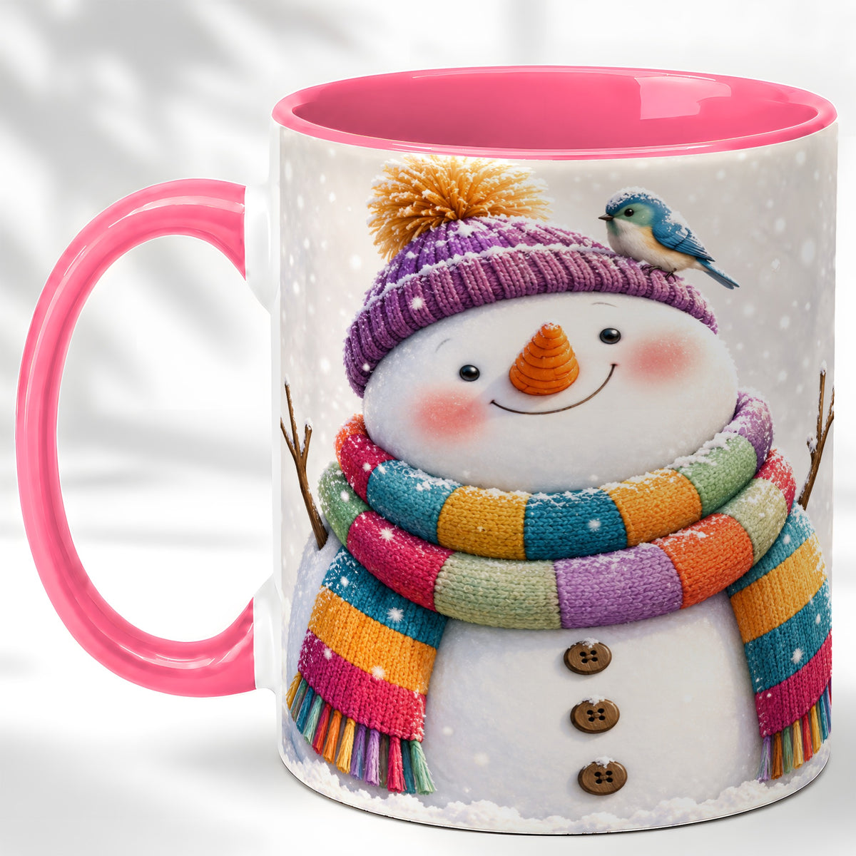 #pl[11oz|Pink] Cozy Snowman Coffee Mug, Blue Bird Winter Mug, Ceramic Cup