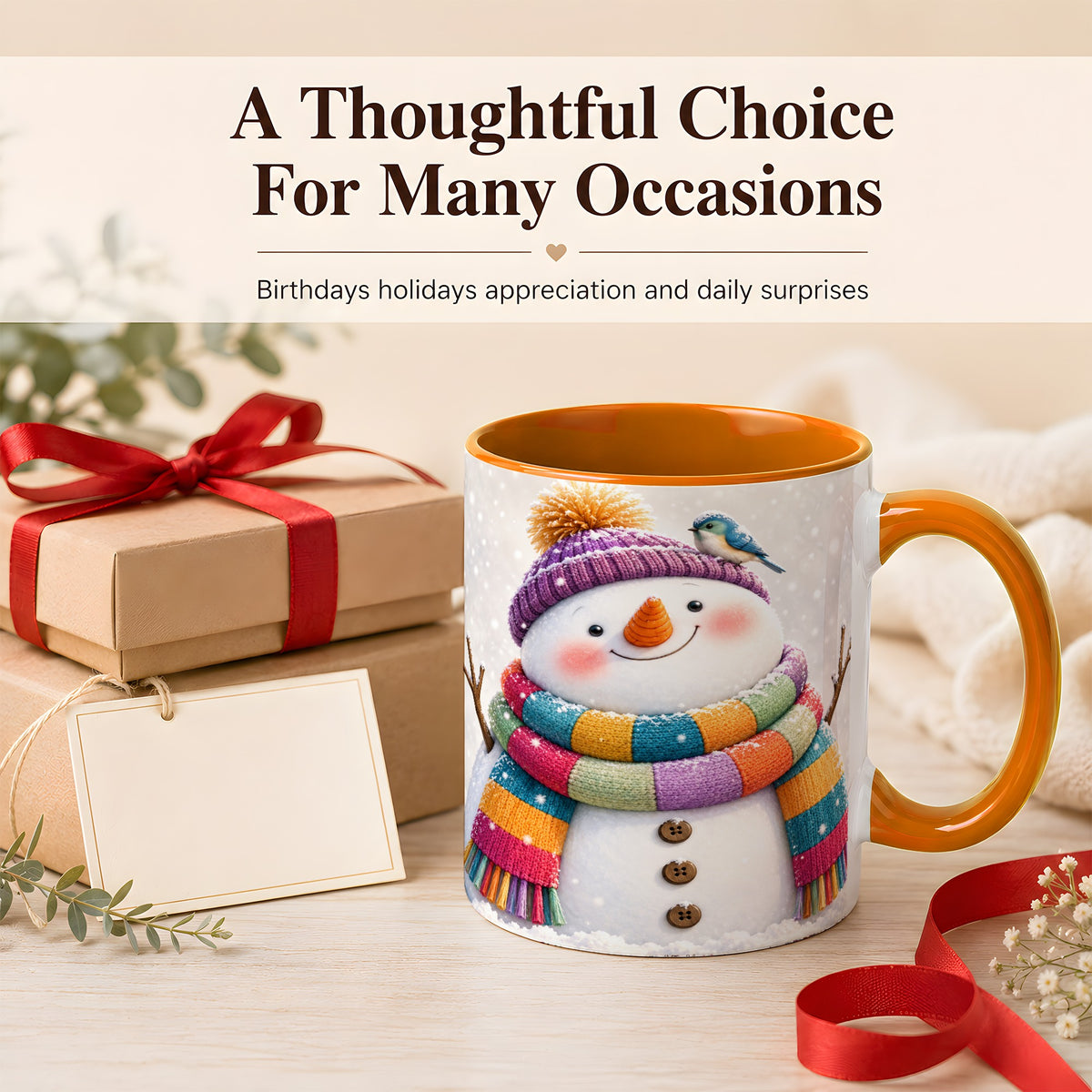 #pl[11oz|Orange] Cozy Snowman Coffee Mug, Blue Bird Winter Mug, Ceramic Cup