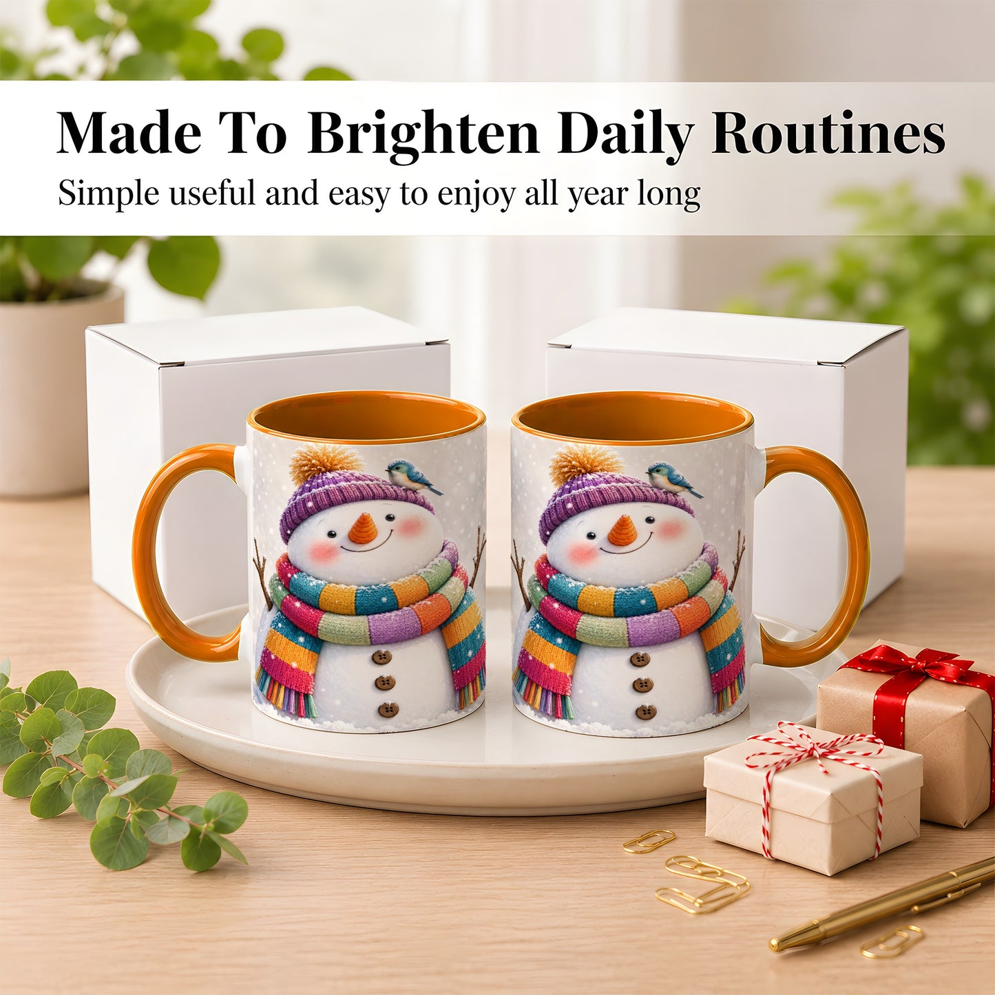#pl[11oz|Orange] Cozy Snowman Coffee Mug, Blue Bird Winter Mug, Ceramic Cup