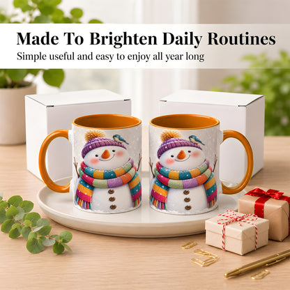 #pl[11oz|Orange] Cozy Snowman Coffee Mug, Blue Bird Winter Mug, Ceramic Cup