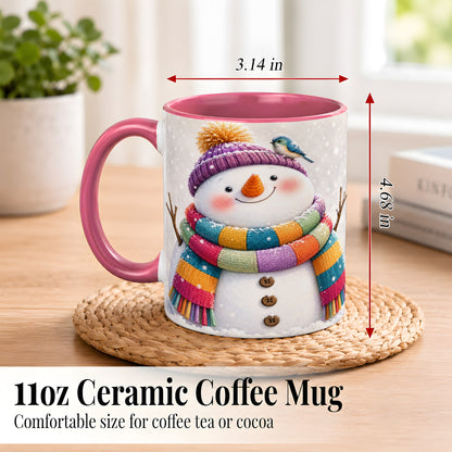 #pl[11oz|Pink] Cozy Snowman Coffee Mug, Blue Bird Winter Mug, Ceramic Cup