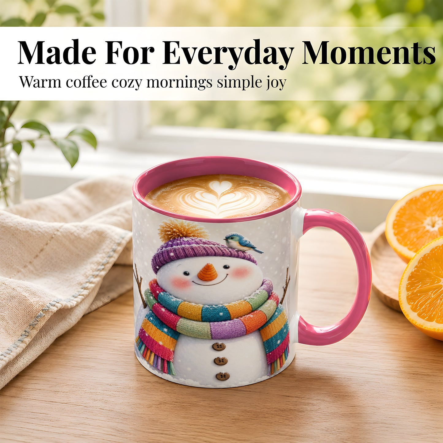 #pl[11oz|Pink] Cozy Snowman Coffee Mug, Blue Bird Winter Mug, Ceramic Cup
