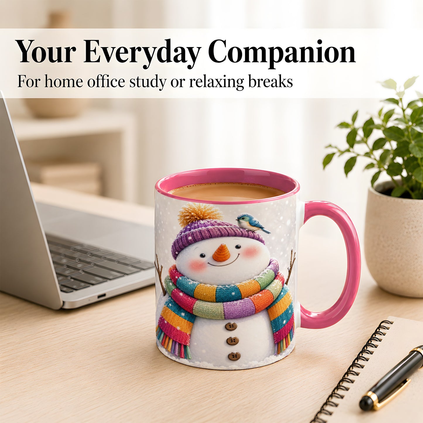 #pl[11oz|Pink] Cozy Snowman Coffee Mug, Blue Bird Winter Mug, Ceramic Cup