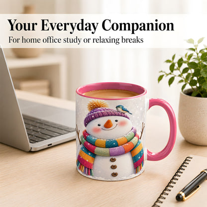 #pl[11oz|Pink] Cozy Snowman Coffee Mug, Blue Bird Winter Mug, Ceramic Cup
