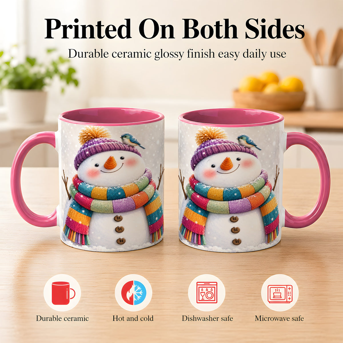 #pl[11oz|Pink] Cozy Snowman Coffee Mug, Blue Bird Winter Mug, Ceramic Cup