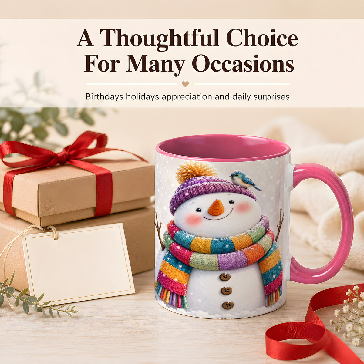 #pl[11oz|Pink] Cozy Snowman Coffee Mug, Blue Bird Winter Mug, Ceramic Cup