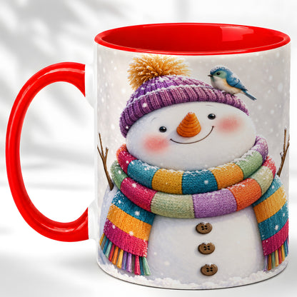 Cozy Snowman Coffee Mug, Blue Bird Winter Mug, Ceramic Cup