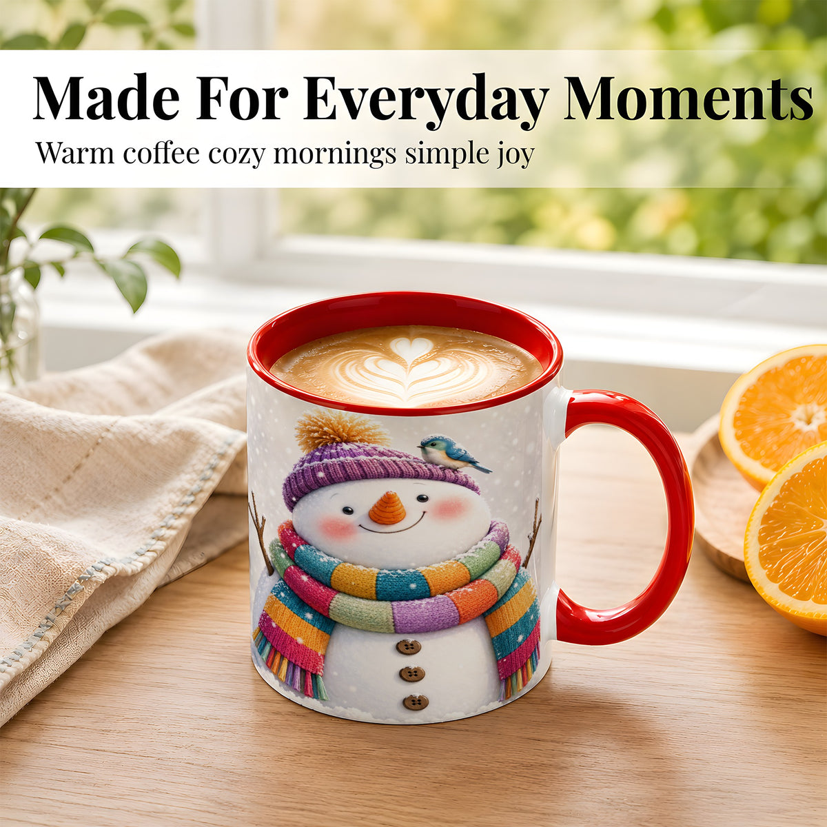 #pl[11oz|Red] Cozy Snowman Coffee Mug, Blue Bird Winter Mug, Ceramic Cup
