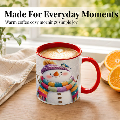 #pl[11oz|Red] Cozy Snowman Coffee Mug, Blue Bird Winter Mug, Ceramic Cup
