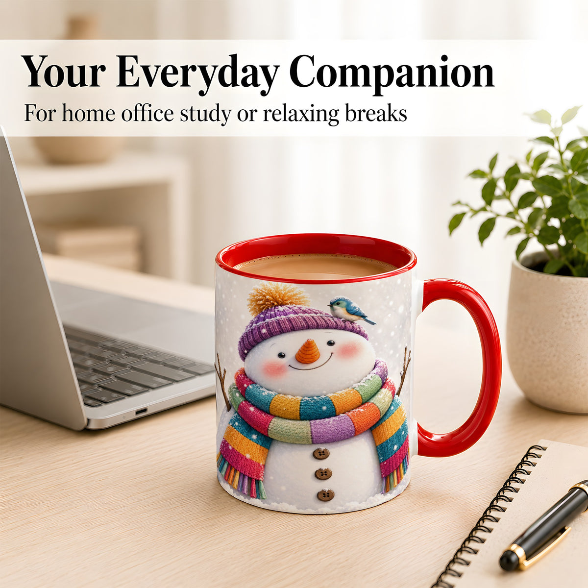 #pl[11oz|Red] Cozy Snowman Coffee Mug, Blue Bird Winter Mug, Ceramic Cup