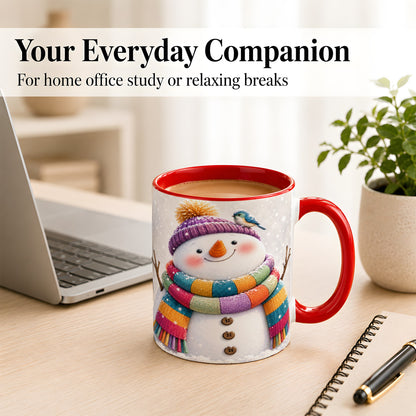 #pl[11oz|Red] Cozy Snowman Coffee Mug, Blue Bird Winter Mug, Ceramic Cup
