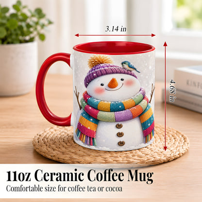 #pl[11oz|Red] Cozy Snowman Coffee Mug, Blue Bird Winter Mug, Ceramic Cup