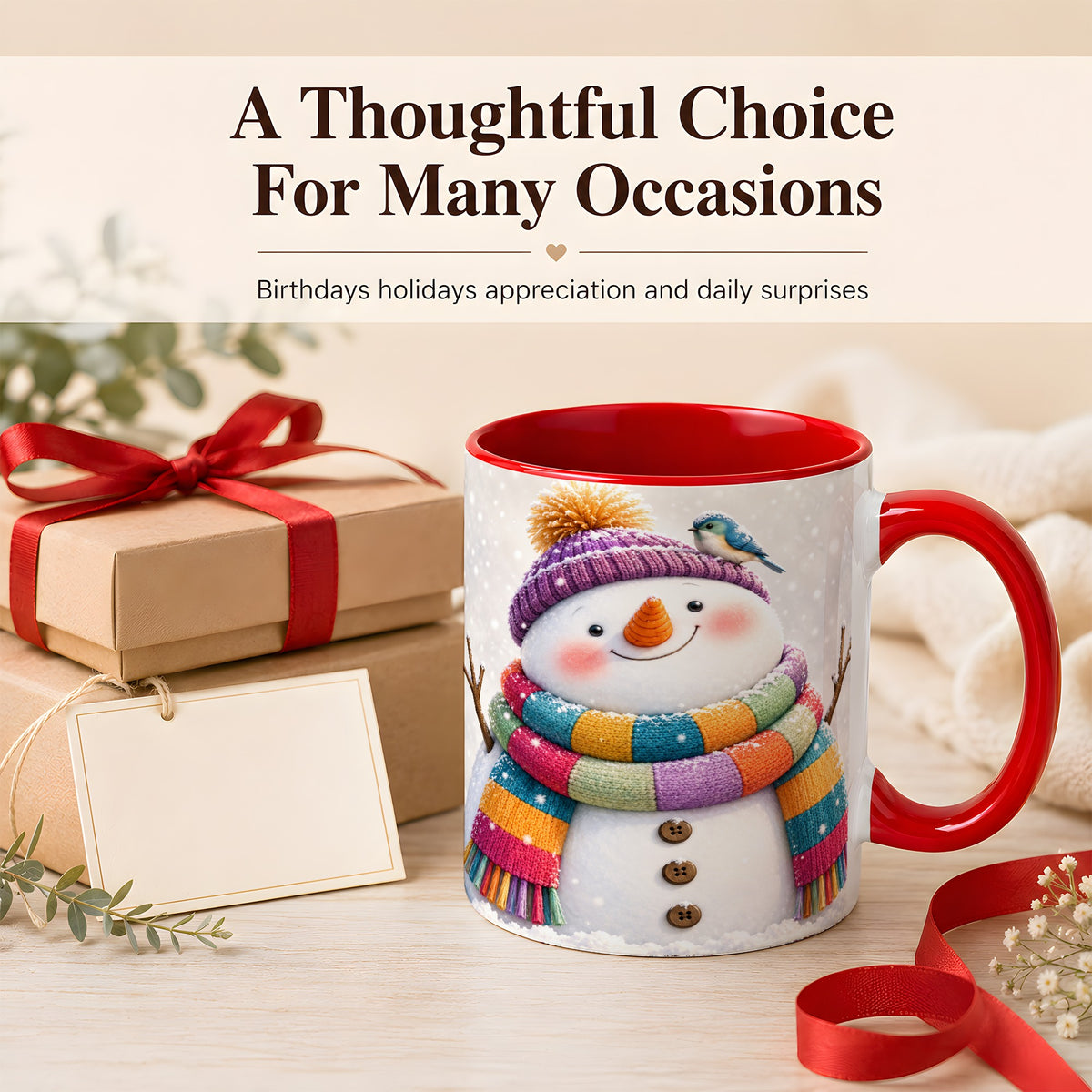 #pl[11oz|Red] Cozy Snowman Coffee Mug, Blue Bird Winter Mug, Ceramic Cup