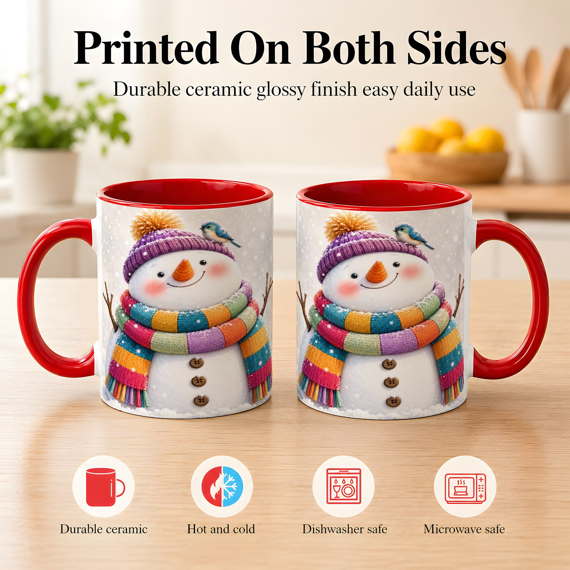 #pl[11oz|Red] Cozy Snowman Coffee Mug, Blue Bird Winter Mug, Ceramic Cup