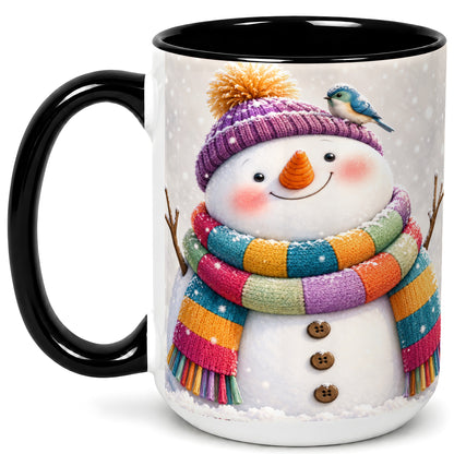 #pl[15oz|Black] Cozy Snowman Coffee Mug, Blue Bird Winter Mug, Ceramic Cup