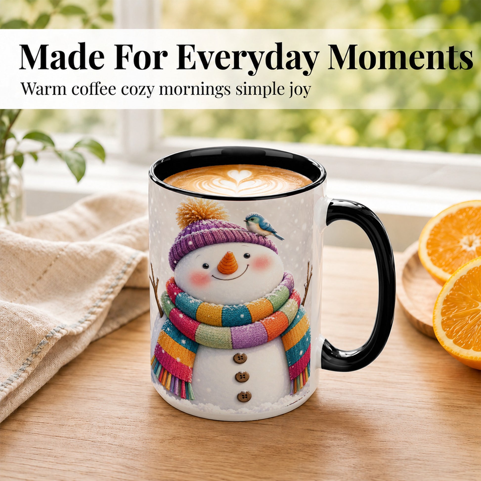 #pl[15oz|Black] Cozy Snowman Coffee Mug, Blue Bird Winter Mug, Ceramic Cup