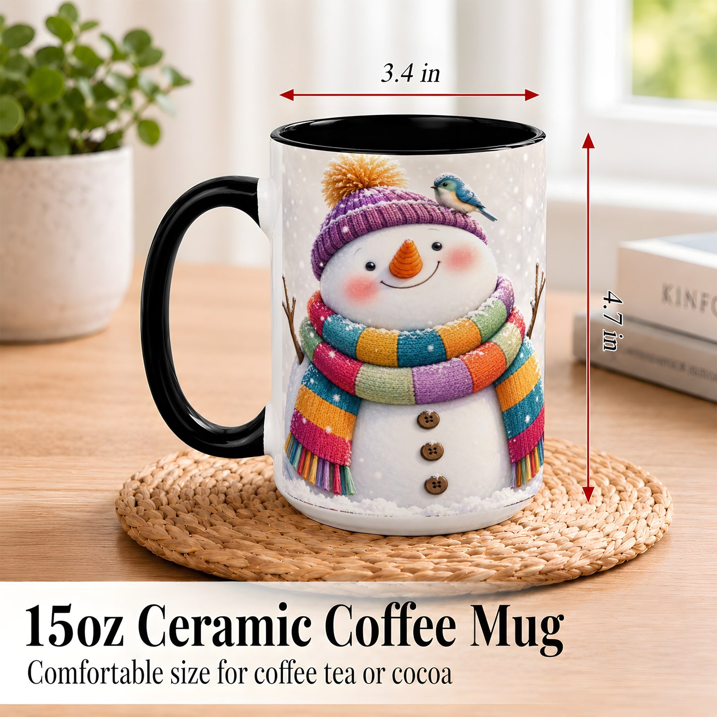 #pl[15oz|Black] Cozy Snowman Coffee Mug, Blue Bird Winter Mug, Ceramic Cup